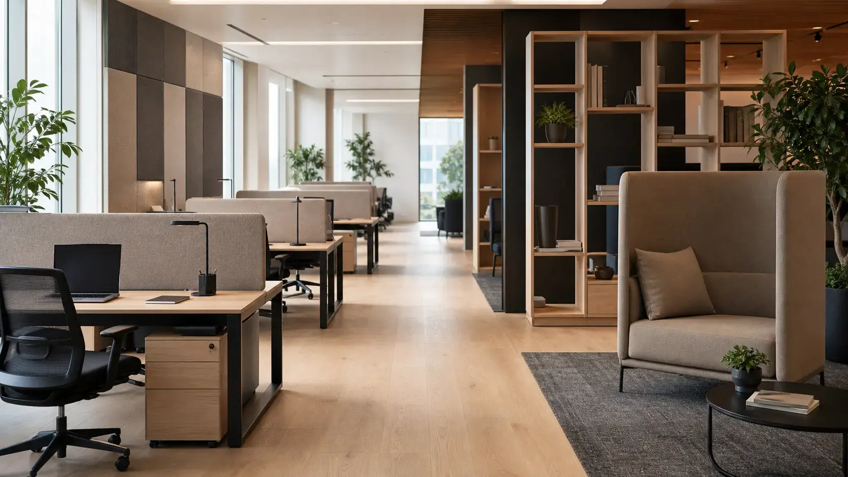 Akustik panel ve ayırıcı ünitelerle planlanmış açık ofis çalışma alanı