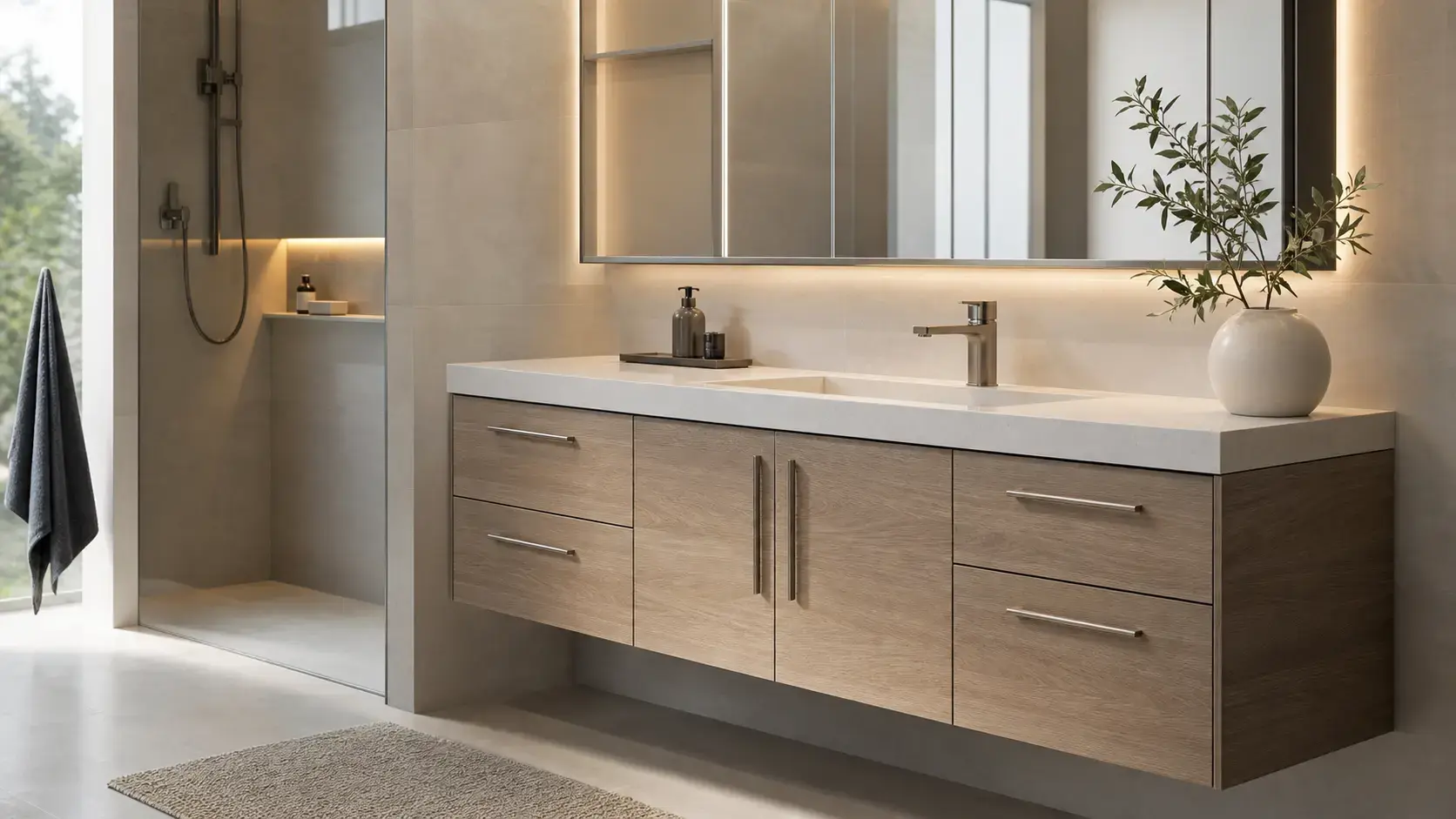 Nem dirençli malzemeyle üretilmiş banyo dolabı ve lavabo ünitesi