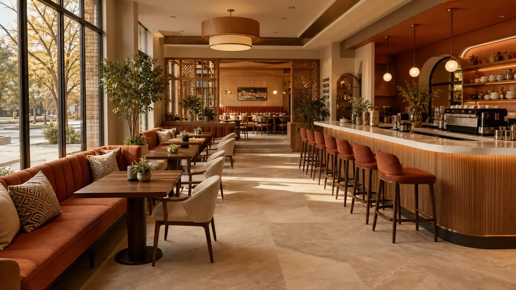 Kafe iç mekanında ölçüye özel üretilmiş oturma grubu ve bar tezgahı